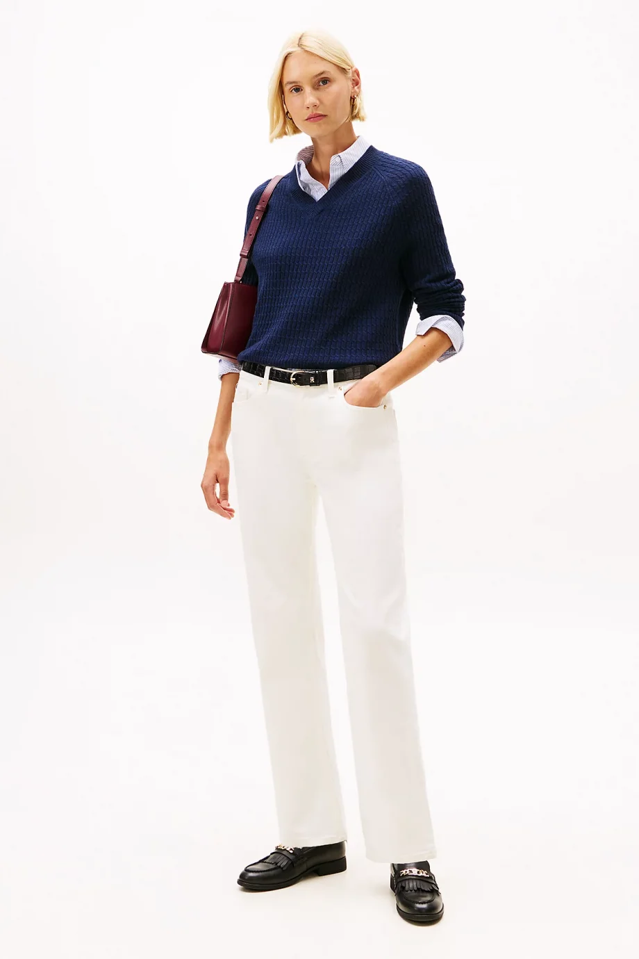 Tommy Hilfiger Yün Kaşmir Karışımlı Saç Örgülü V Yaka Uzun Kollu Kadın Mavi Kazak WW0WW464170Z0