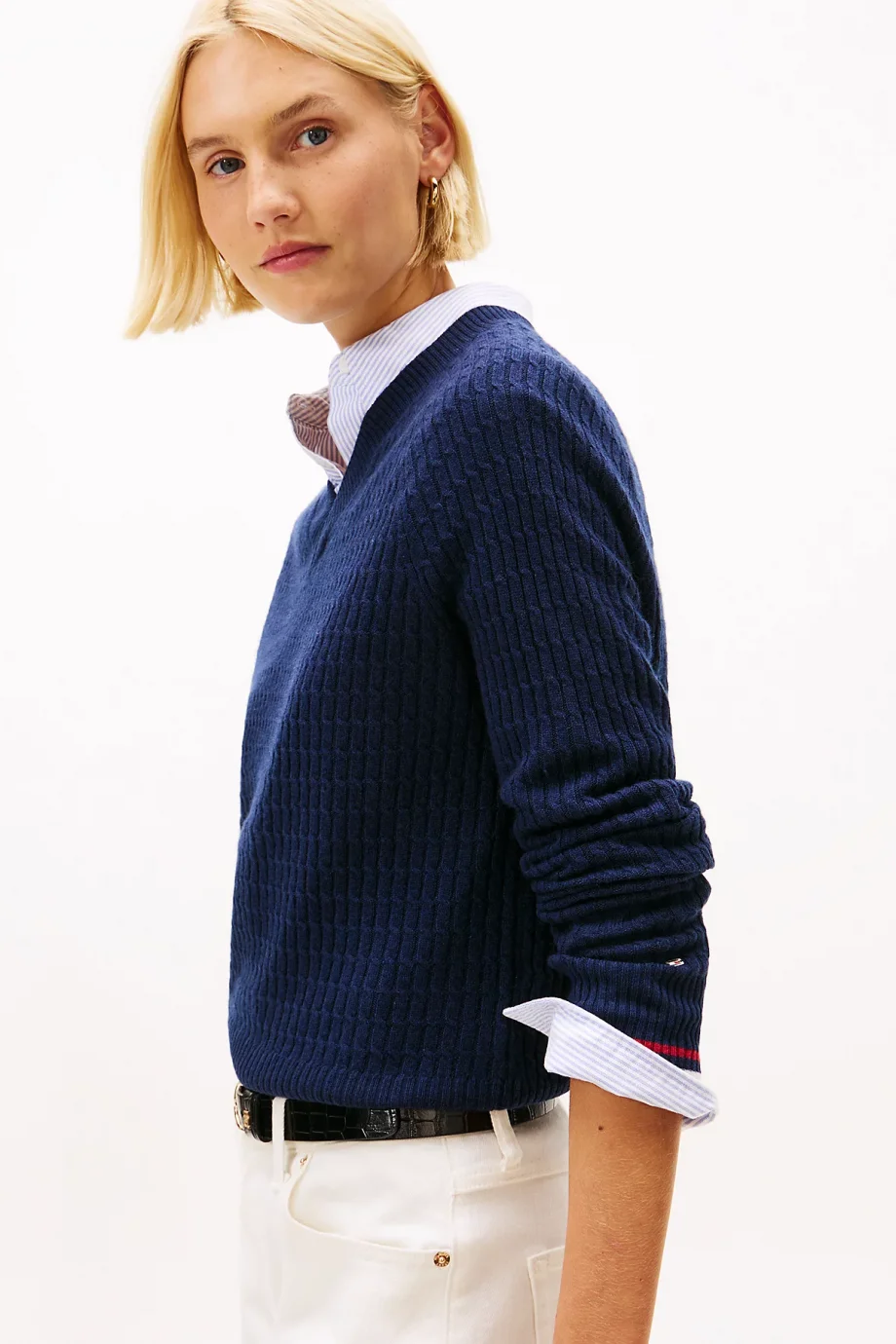 Tommy Hilfiger Yün Kaşmir Karışımlı Saç Örgülü V Yaka Uzun Kollu Kadın Mavi Kazak WW0WW464170Z0