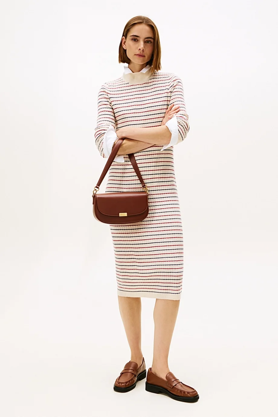 Tommy Hilfiger Yün Kaşmir Karışımlı Saç Örgülü Yarım Balıkçı Yaka Uzun Kollu Kadın Beyaz Elbise WW0WW464300FH