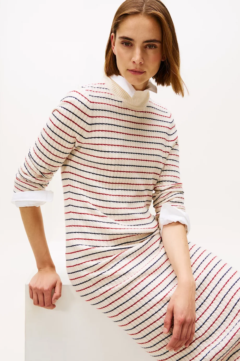 Tommy Hilfiger Yün Kaşmir Karışımlı Saç Örgülü Yarım Balıkçı Yaka Uzun Kollu Kadın Beyaz Elbise WW0WW464300FH