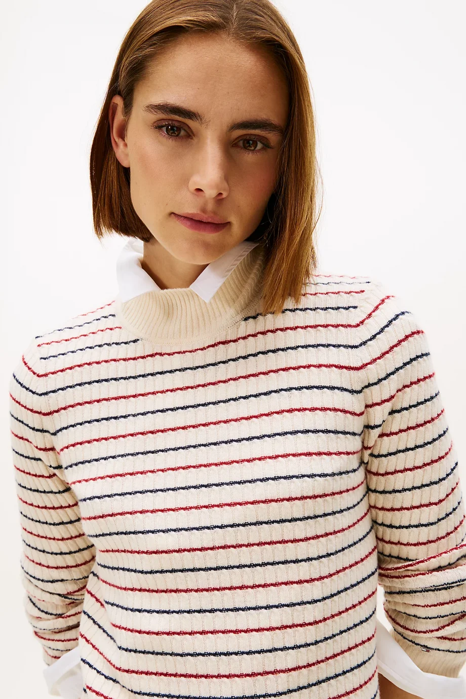 Tommy Hilfiger Yün Kaşmir Karışımlı Saç Örgülü Yarım Balıkçı Yaka Uzun Kollu Kadın Beyaz Elbise WW0WW464300FH