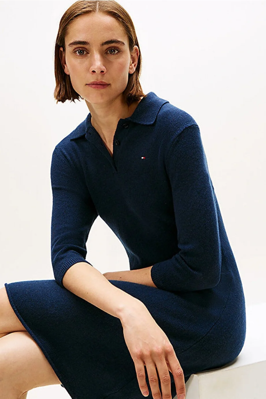 Tommy Hilfiger Yün Kaşmir Karışımlı Saç Örgülü Yarım Balıkçı Yaka Uzun Kollu Kadın Mavi Elbise WW0WW46430C1G