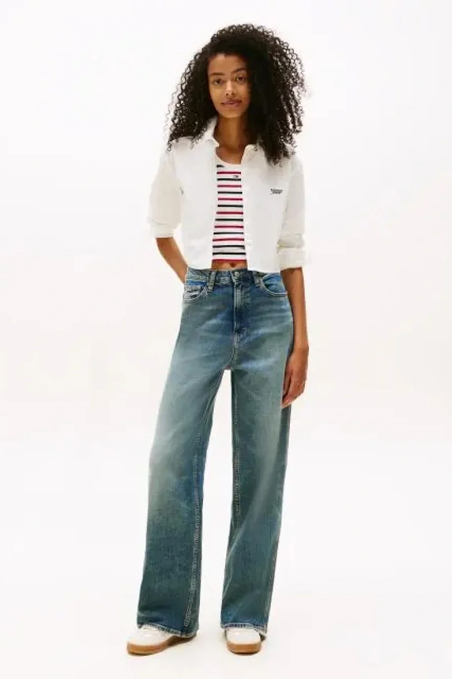 Tommy Hilfiger Kadın Çizgili Kısa Poplin Beyaz Gömlek DW0DW21400YBL