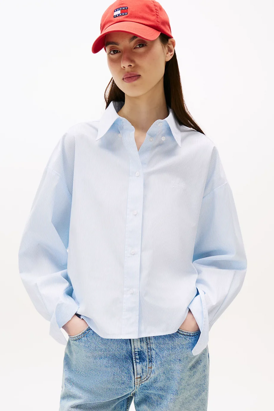 Tommy Hilfiger Kadın Çizgili Kısa Poplin Mavi Gömlek DW0DW214000BC