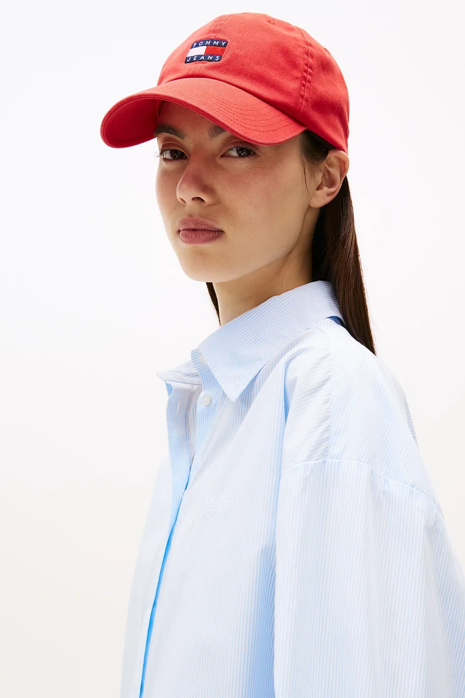 Tommy Hilfiger Kadın Çizgili Kısa Poplin Mavi Gömlek DW0DW214000BC