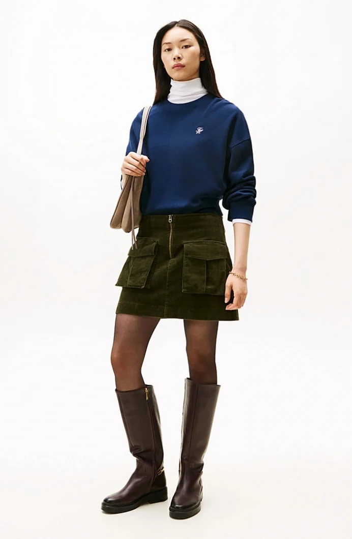 Tommy Hilfiger  Cepli  Kadife Mini   Kadın Yeşil Etek WW0WW46649MR8