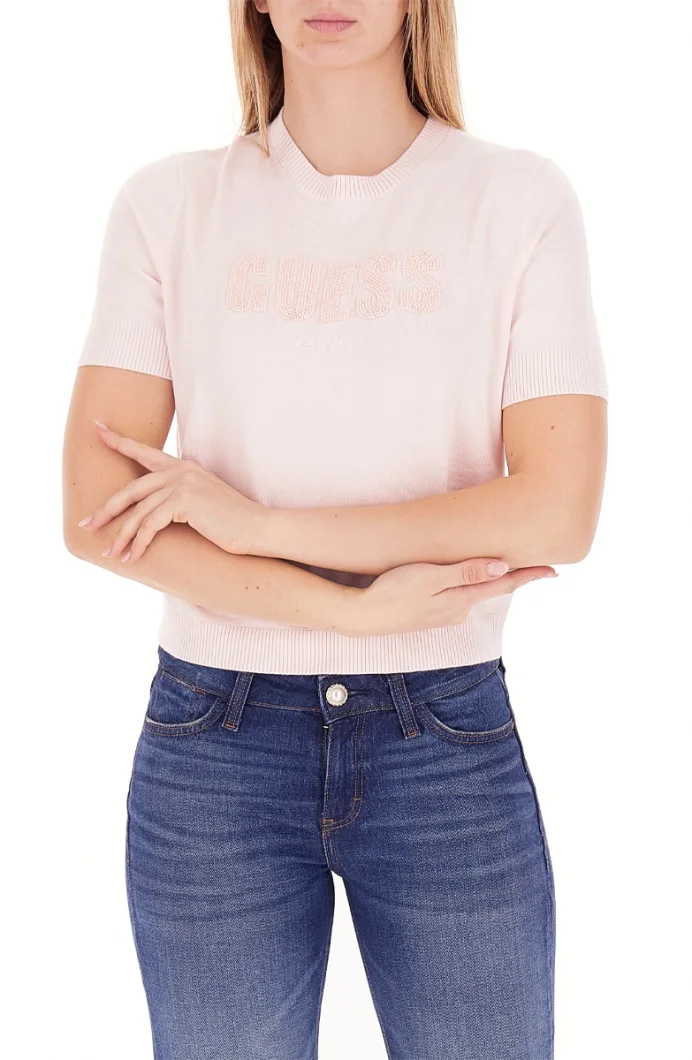 Guess Kısa Kollu Bisiklet Yaka Norah Logolu Triko Kadın Pembe Triko W6RR47Z2NQ2-A627