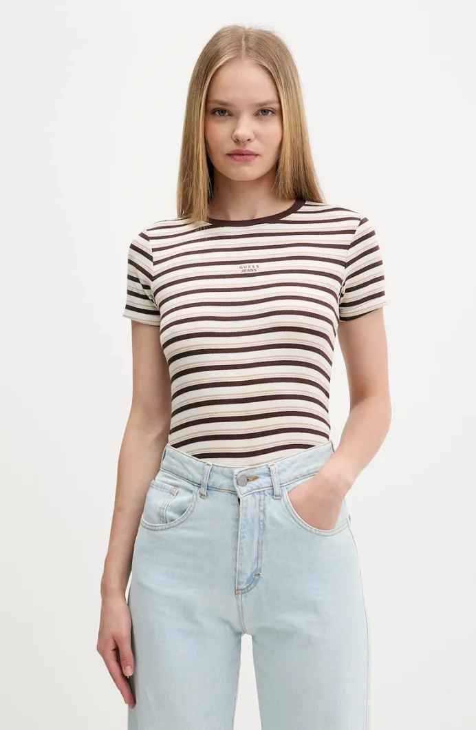 Guess Kadın Çok Renkli Çizgili Bisiklet Yaka T-shirt W5BP52KA0H1-S19F