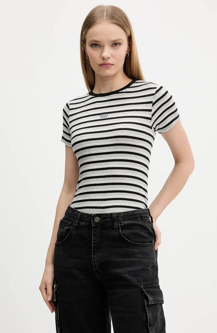 Guess Kadın Siyah Çok Renkli Çizgili Logolu T-shirt W5BP52KA0H1-S9HG