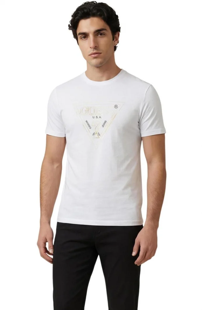 Guess Bisiklet Yaka Kısa Kollu Üçgen HD Çok Renkli Erkek Beyaz T-shirt M6GI11K2992-G011