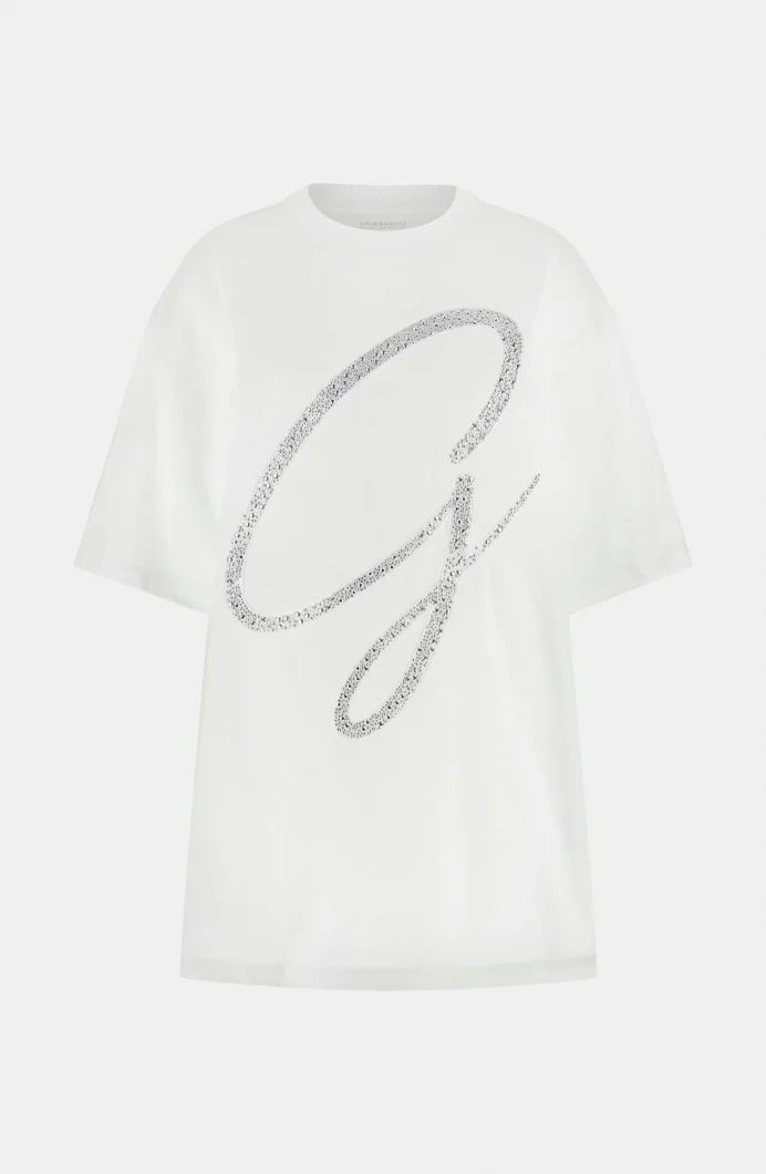 Guess Kısa Kollu Bisiklet Yaka Maxi G Zımbalı Kadın Beyaz T-shirt W6GI39K3478-G011
