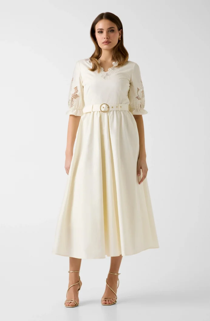 Guess Sonia Nakışlı Midi Kadın Krem Elbise W6GKAQW2716-G053