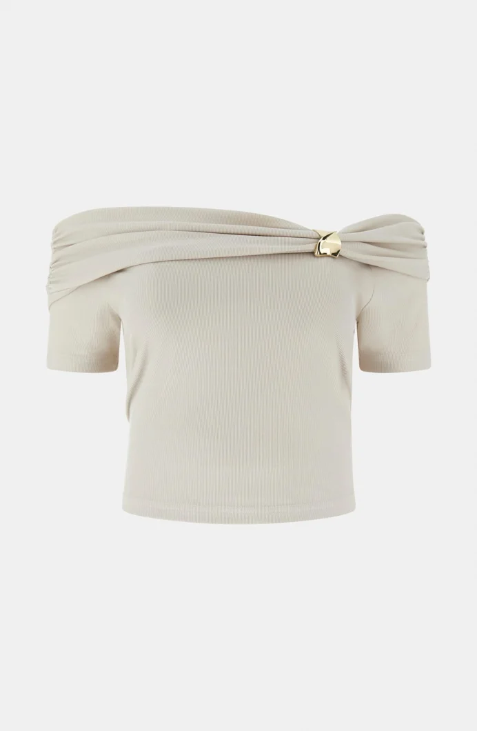 Guess Brigitte Düşük Omuzlu Kadın Krem Top W6GP12K2935-A115