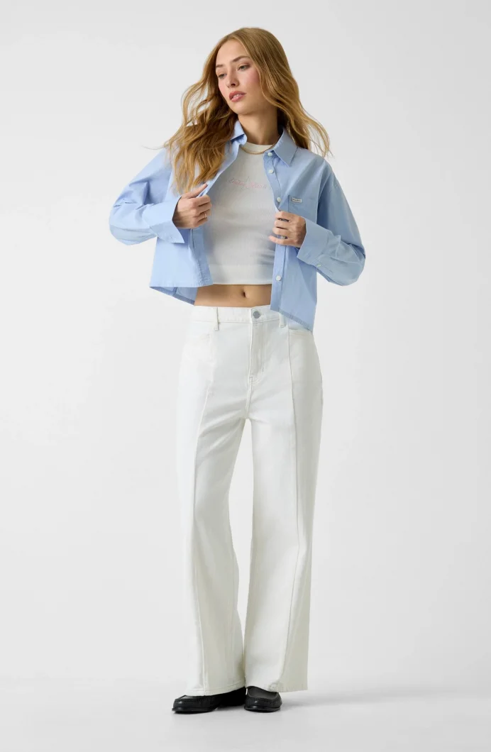 Guess GJ G11 Yüksek Bel Geniş Paça Kısa Dikiş Detaylı Kadın Beyaz Jeans W6RA1HD6521-GJWI