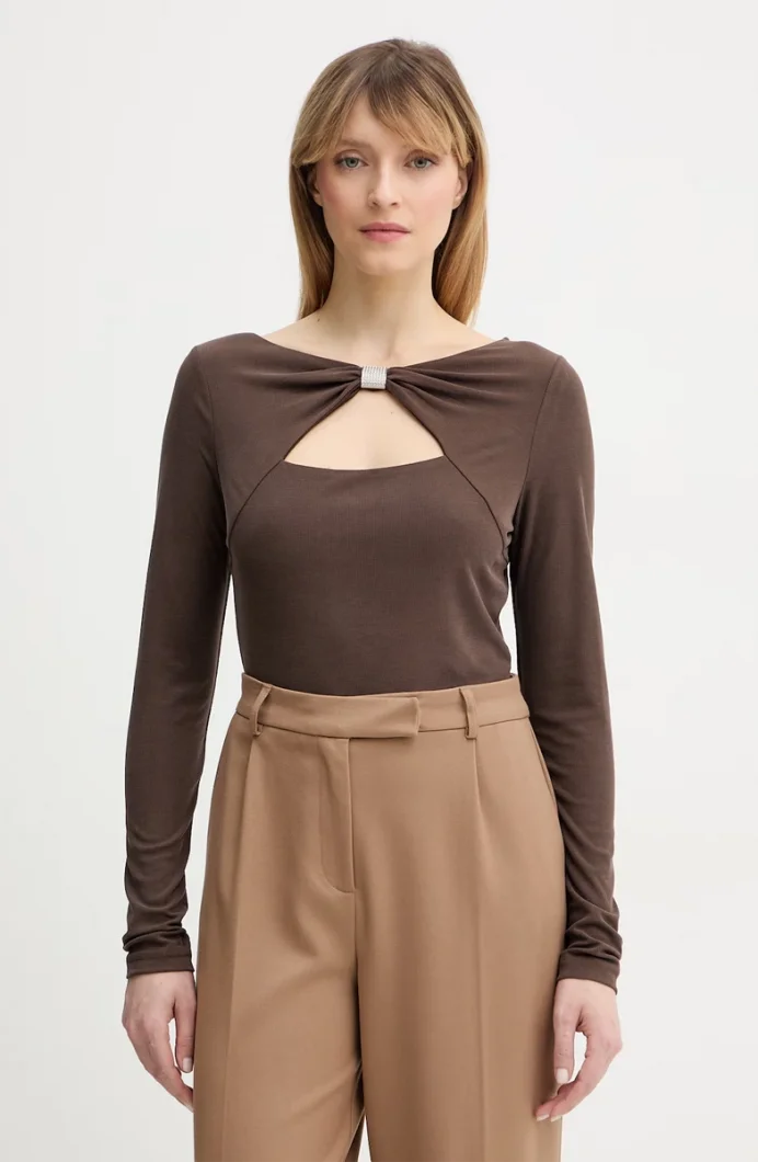 Guess Uzun Kollu Milena Önü Fiyonklu Kadın Kahverengi Top W6RP11KAQL2-G1EA