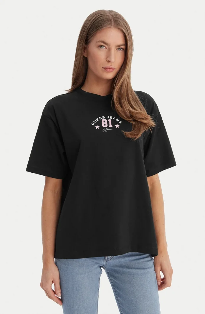 Guess GJ Kısa Kollu Bisiklet Yaka Büyük Beden 81 Yıldız Kadın Siyah T-shirt W6RI20K8HM0-JBLK