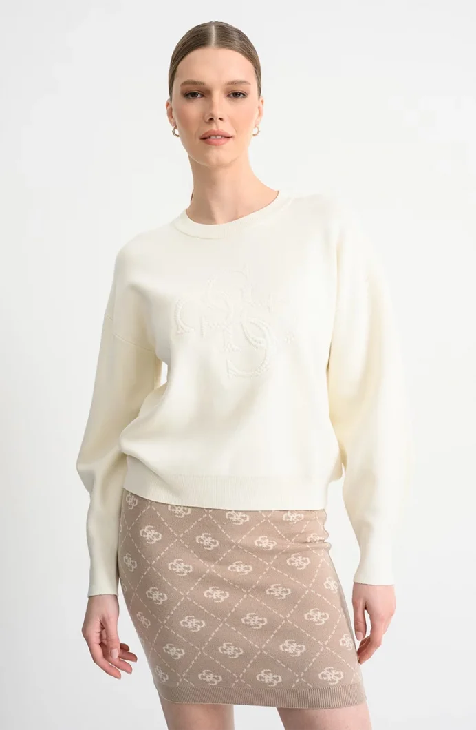 Guess Uzun Kollu Bisiklet Yaka Parker 4G Logolu Triko Kadın Beyaz Triko W6RR48Z26I2-G047