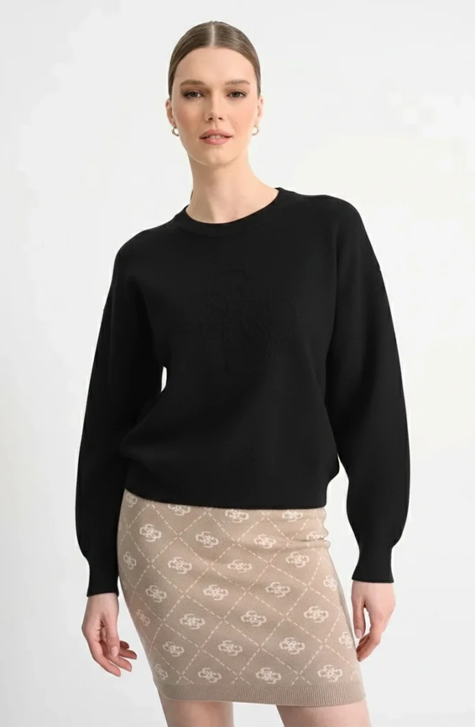 Guess Uzun Kollu Bisiklet Yaka Parker 4G Logolu Triko Kadın Siyah Triko W6RR48Z26I2-JBLK