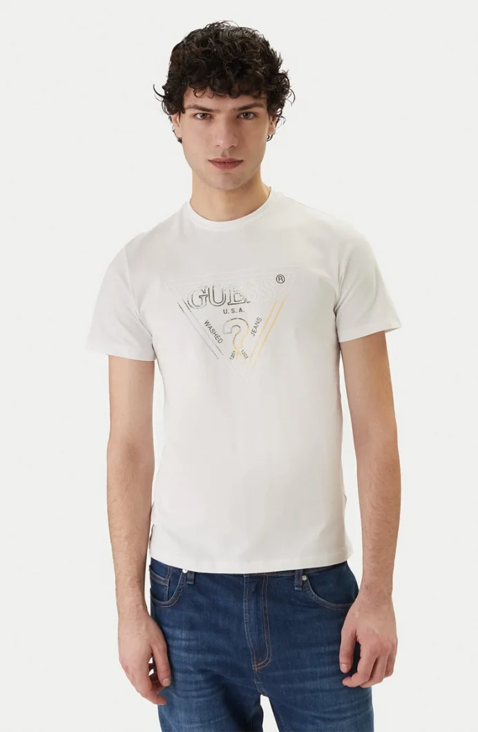 Guess Bisiklet Yaka Kısa Kollu Üçgen HD Çok Renkli Erkek Beyaz T-shirt M6GI11K2992-G011