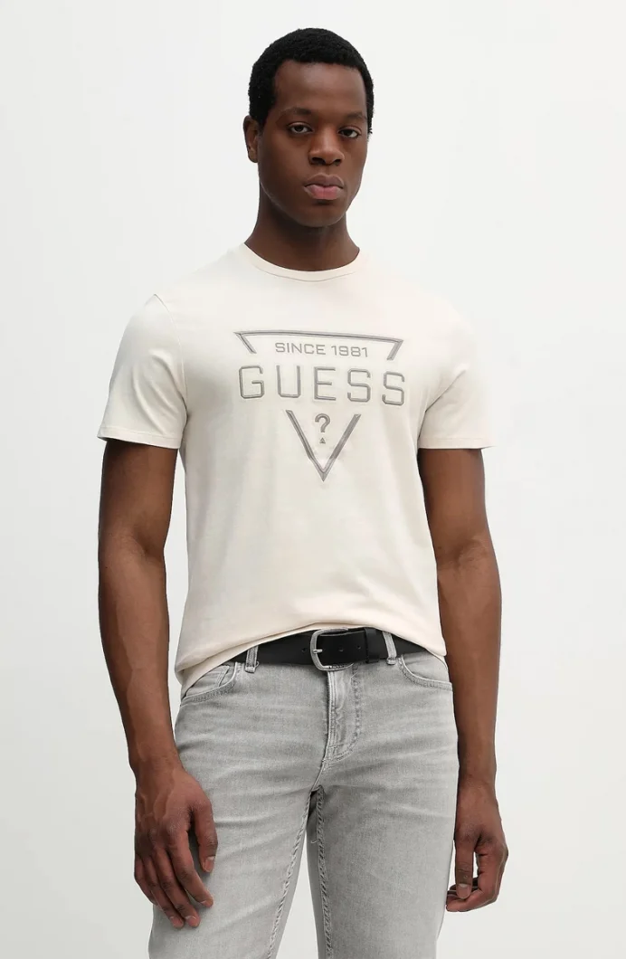 Guess Kısa Kollu Temel Boyalı Üçgen Logolu Erkek Beyaz T-shirt M6RI09I3Z14-G1H6