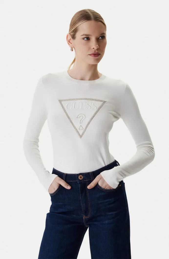 Guess Uzun Kollu Bisiklet Yaka Sasha Üçgen Logolu Triko Kadın Beyaz Triko W6RR49Z2NQ2-G012