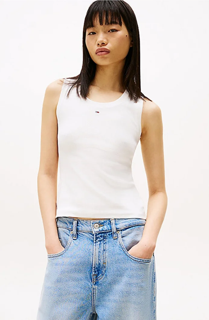Tommy Hilfiger TJW Essential Fitilli Kolsuz Kadın Beyaz T-shirt DW0DW20673YBL
