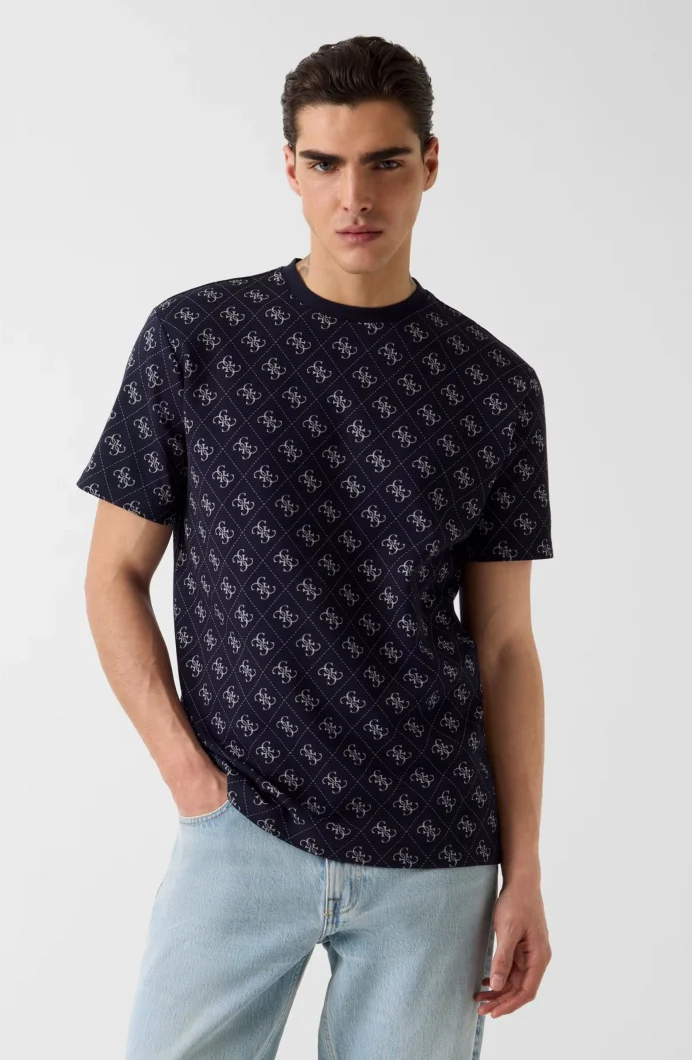 Guess Bisiklet Yaka Kısa Kollu Jakarlı 4G Örme Erkek Lacivert Top M6GP34K3200-FBDB