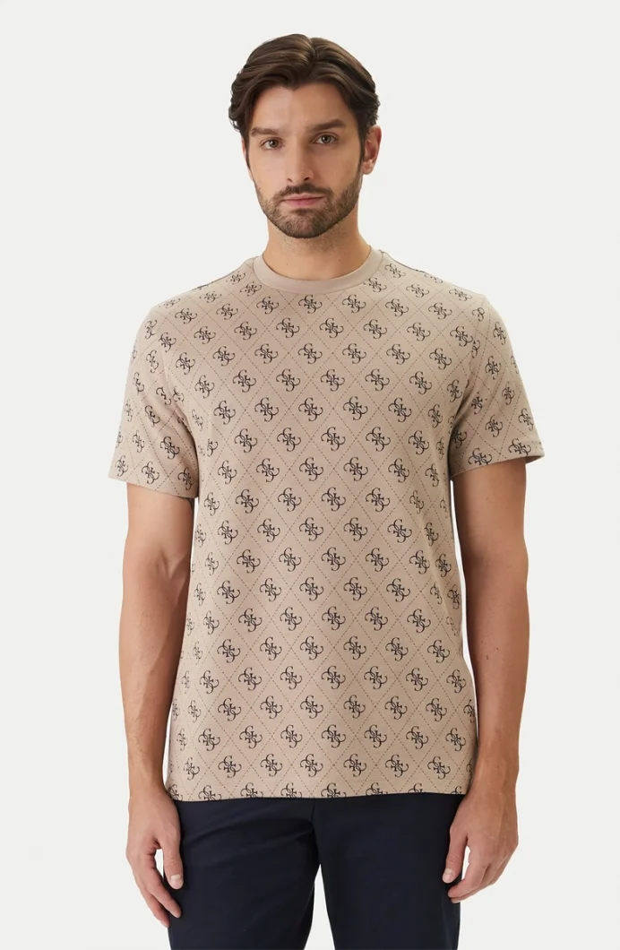 Guess Bisiklet Yaka Kısa Kollu Jakarlı 4G Örme Erkek Bej Top M6GP34K3200-FMAZ