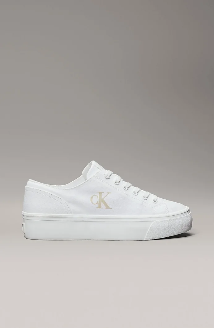 Calvin Klein Vulkanize Flatform Düşük Bilekli Kanvas Monogram Kadın Beyaz Sneaker YW0YW01763-01W