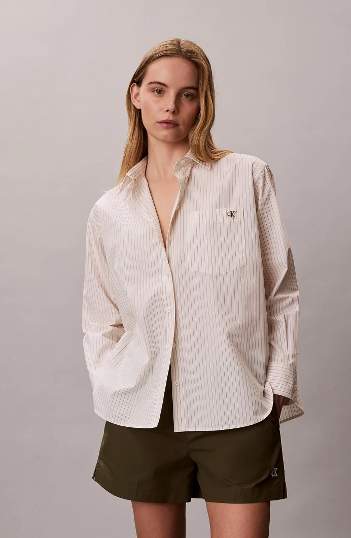 Calvin Klein İpliği Boyalı Pamuklu Poplin Rahat Kesim Kadın Beyaz Gömlek LV047F103G-F7J