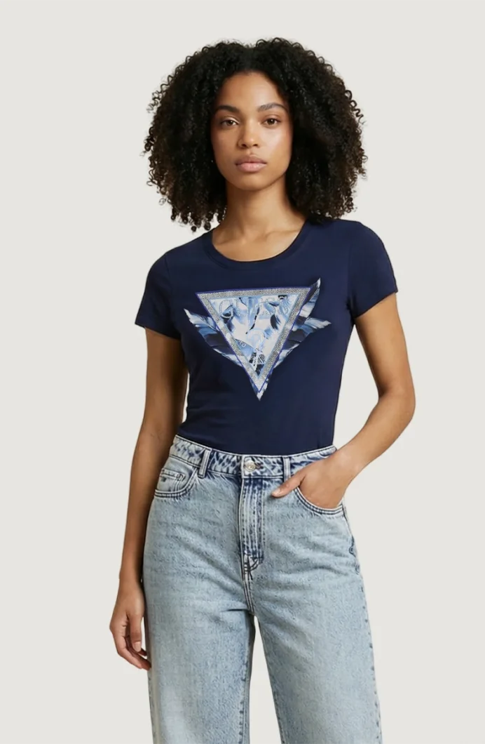 Guess Kısa Kollu Bisiklet Yaka Tüylü Üçgen Kadın Lacivert T-shirt W6GI11K3026-G7P1