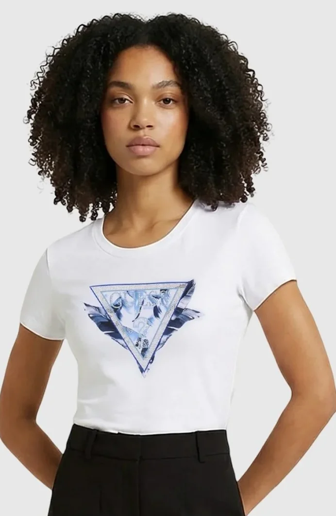 Guess Kısa Kollu Bisiklet Yaka Tüylü Üçgen Kadın Beyaz T-shirt W6GI11K3026-G011