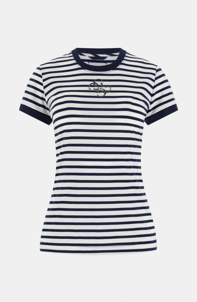 Guess Kısa Kollu Bisiklet Yaka Çizgili Mini 4G Logolu Kadın Mavi T-shirt W6GI18K3040-SM1L