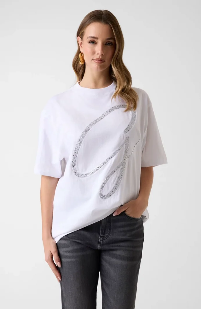 Guess Kısa Kollu Bisiklet Yaka Maxi G Zımbalı Kadın Beyaz T-shirt W6GI39K3478-G011