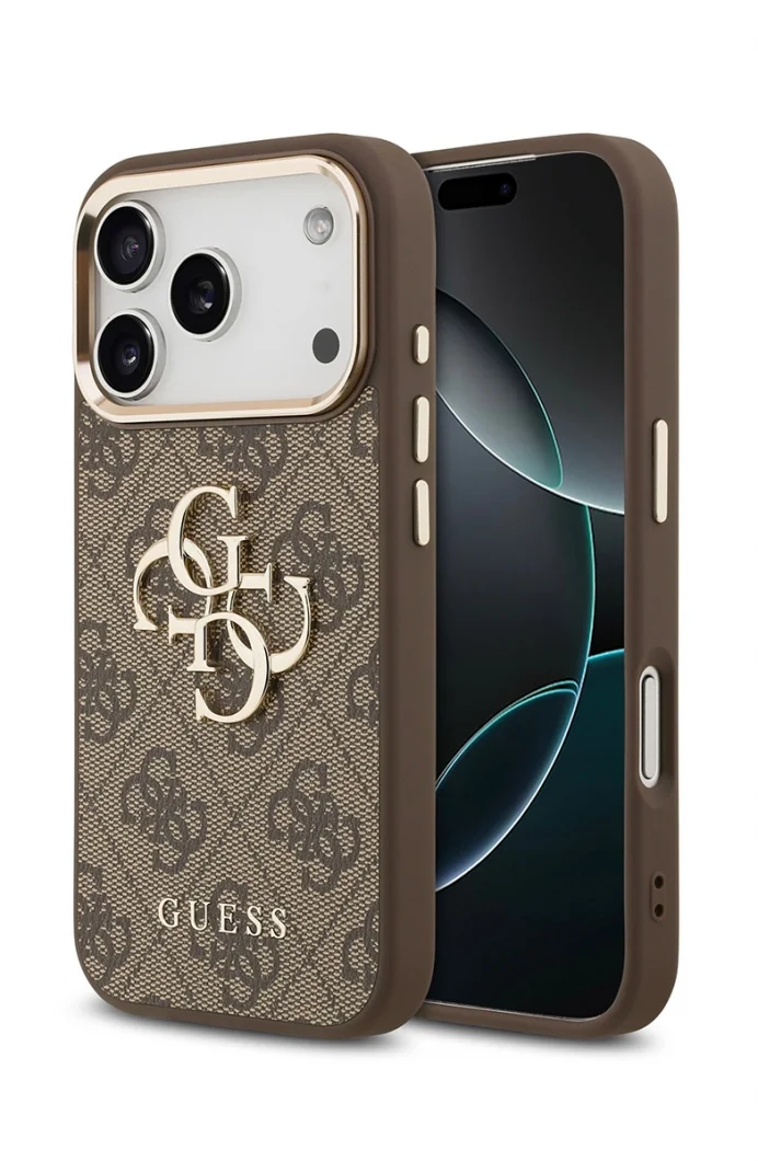 Guess 4G Büyük Klasik Logolu Altın Detaylı Kahverengi iPhone 17 Pro Max Kadın  Telefon Kılıfı GUHCP17X4GMGCBR