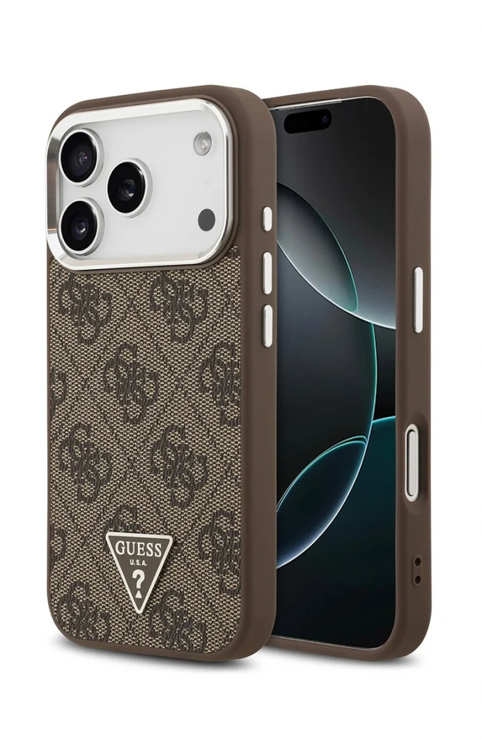Guess MagSafe 4G PU Üçgen Logolu Kahverengi iPhone 17 Pro Kadın Siyah Telefon Kılıfı GUHMP17LP4TSRCMW