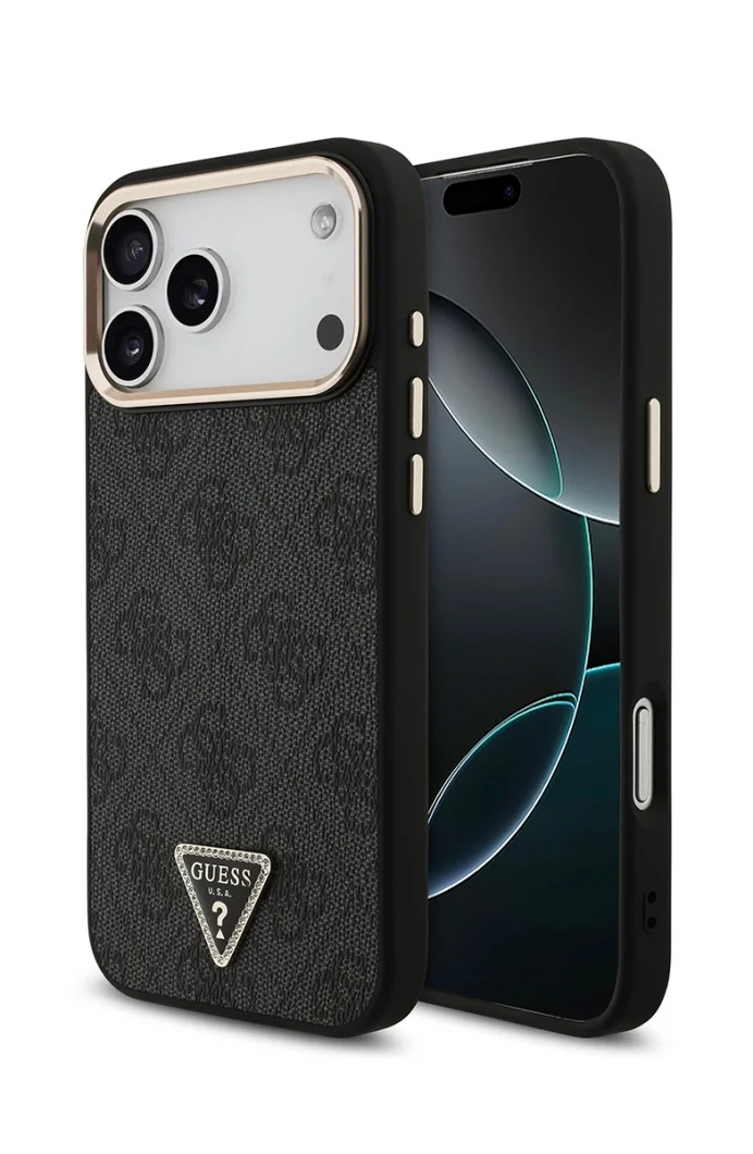 Guess MagSafe 4G PU Üçgen Logolu Altın Detaylı Siyah iPhone 17 Pro Max Kadın Siyah Telefon Kılıfı GUHMP17XP4GTDGMK