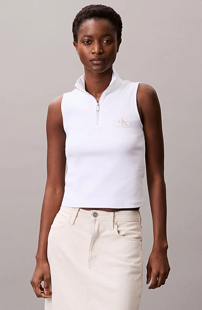 Calvin Klein Kadın Etiketli Kolsuz Yarım Fermuarlı Beyaz Bluz LV047C909G-YAA