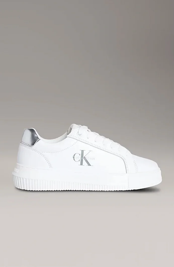 Calvin Klein Kadın Gümüş Rengi Deri Kalın Tabanlı Beyaz Sneaker YW0YW01876-02R