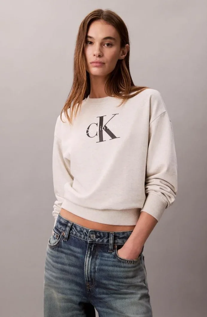 Calvin Klein Monologo Uzun Kollu Rahat Kesim Penye Bisiklet Yaka Kadın Gri Sweatshirt LV047B234G-P4P