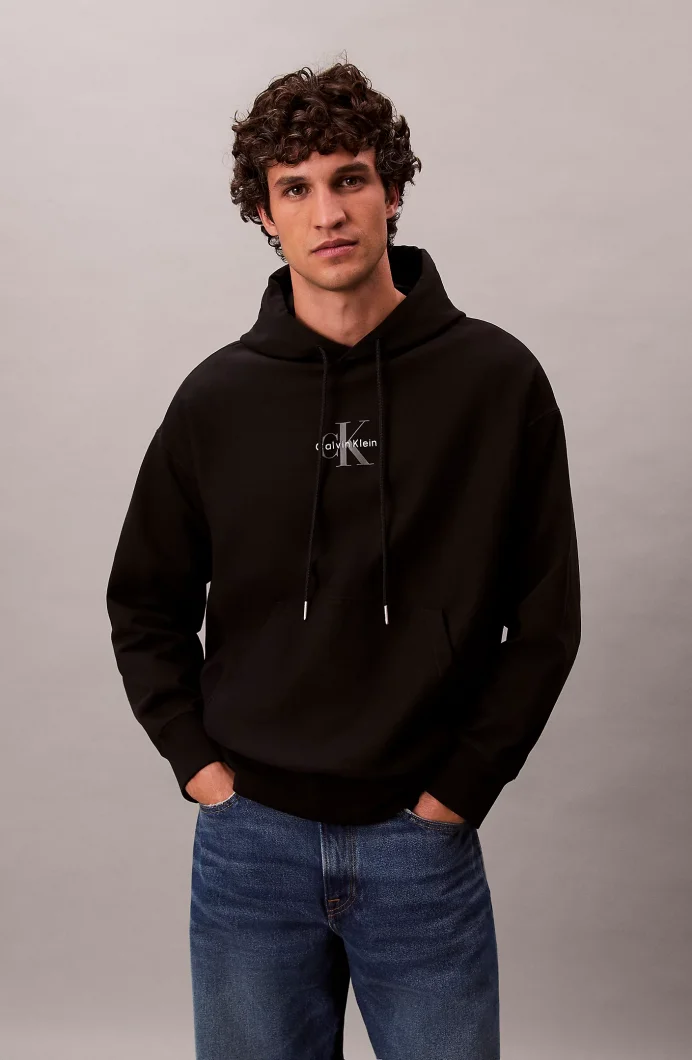 Calvin Klein Premium Penye Mikro Monologolu Kapüşonlu Erkek Siyah Sweatshirt LV04RC281G-UB1