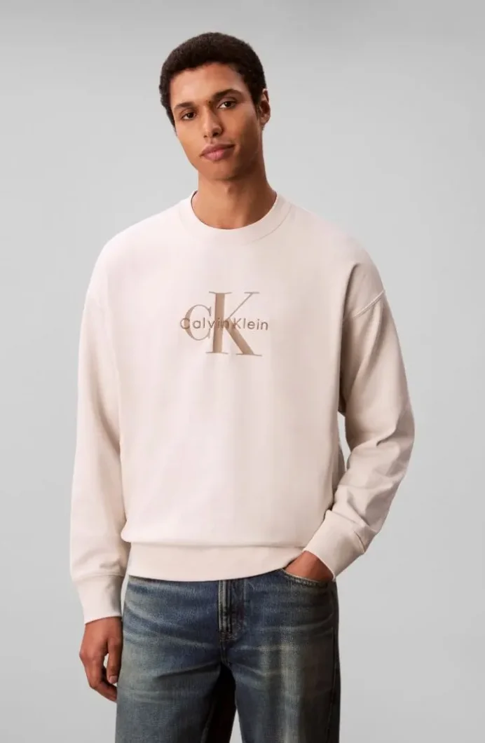 Calvin Klein Uzun Kollu 350gr Penye Monologolu Bisiklet Yaka Erkek Beyaz Sweatshirt LV04RD242G-67U