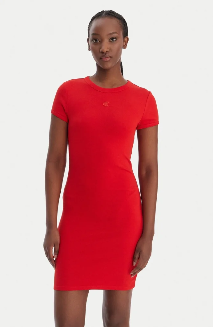 Calvin Klein Kısa Kollu Pamuklu Contour 1x1 Fitilli Kadın Kırmızı Elbise LV047B266G-VMT