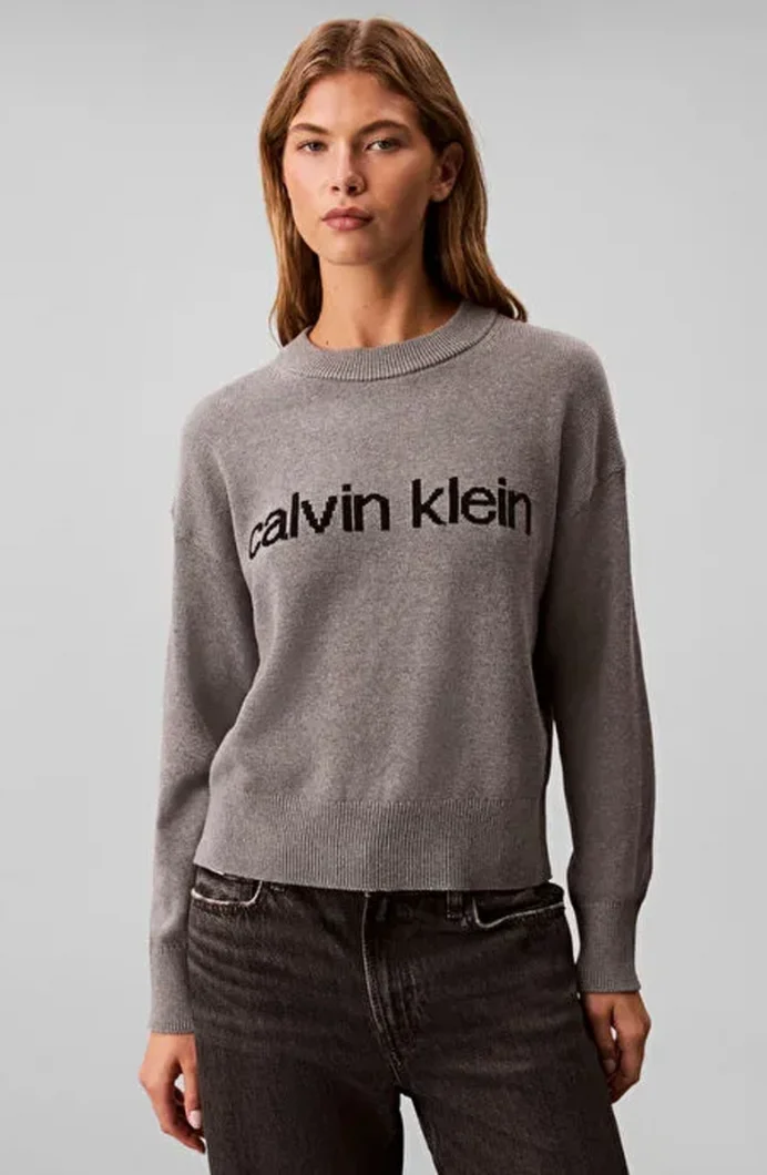 Calvin Klein Pamuklu Grafik Baskılı Kadın Gri Kazak LV047C311G-P7E