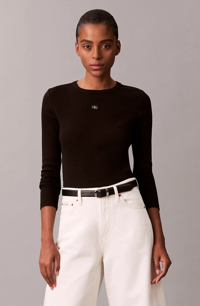 Calvin Klein Uzun Kollu Dokuma Etiketli 2x2 Fitilli Bisiklet Yaka Kadın Siyah Bluz LV047E205G-UB1