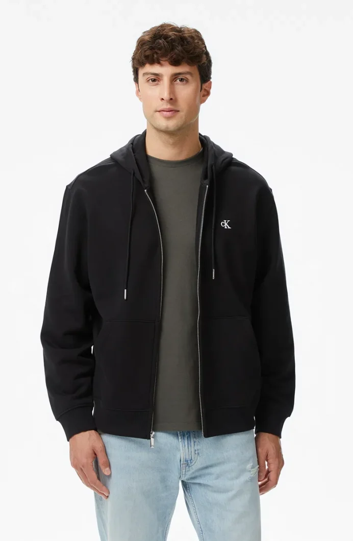 Calvin Klein Uzun Kollu EU 350 Terry Monogram Tam Fermuarlı Kapüşonlu Erkek Siyah Eşofman Üstü  LV04RD240G-UB1