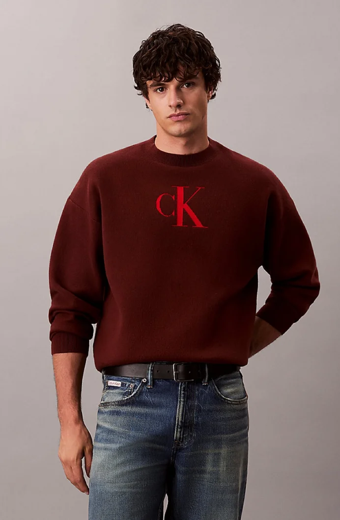 Calvin Klein Uzun Kollu Pamuklu Kaşmir 3D Logolu Bisiklet Yaka Erkek Kırmızı Kazak LV04RD305G-XWI