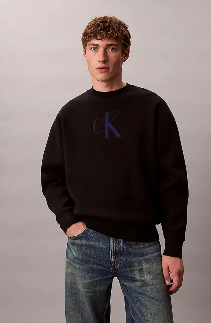 Calvin Klein Uzun Kollu Pamuklu Kaşmir 3D Logolu Bisiklet Yaka Erkek Siyah Kazak LV04RD305G-UB1