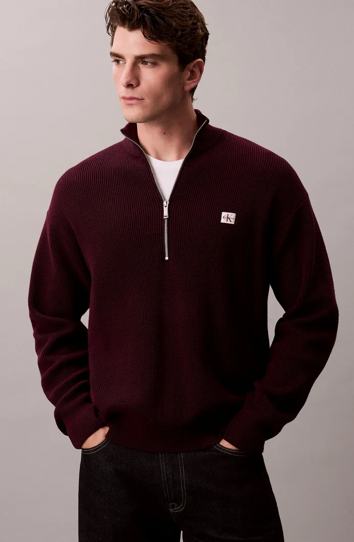 Calvin Klein Uzun Kollu Pamuklu Waffle Dokulu Yarım Fermuarlı Erkek Mor Triko LV04RE308G-5FL
