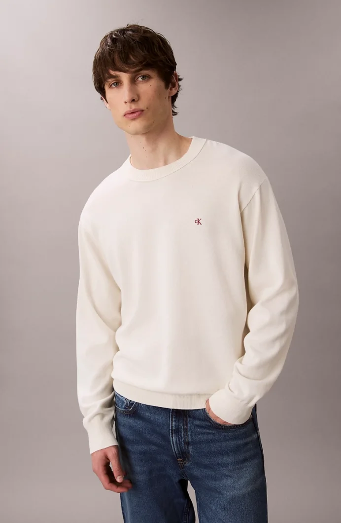 Calvin Klein Uzun Kollu Rahat Pamuklu Bisiklet Yaka Erkek Beyaz Kazak LV04RC309G-YAS